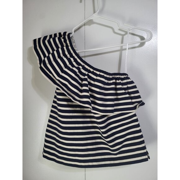 J. Crew One Shoulder Striped Ruffle Top Navy Cream SZ XS Preppy Cotton Classic - Picture 2 of 10